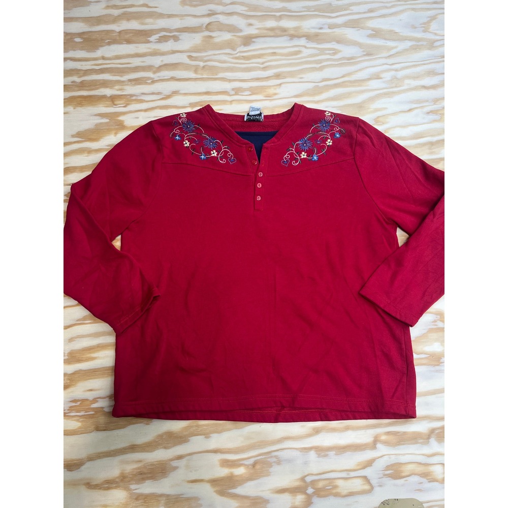 BonWorth Red Floral Embroidered Henley Top Petite Medium Long Sleeve 9V32275